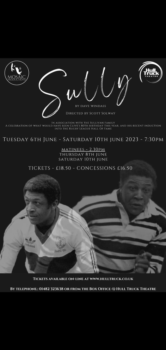 Mosaic Productions present "Sully" Tues 6th - Sat 10th June @ Hull Truck Theatre, come and see the remarkable story of a wonderful man who unites a City. 

A re-tweet would be fab, happy to talk about it too
<a href="/andycomfort/">Andy Comfort</a> <a href="/SallyFairfax/">Sally Fairfax</a> <a href="/mikewhitesport/">Mike White</a> <a href="/Fionamills1/">Fiona Mills</a>