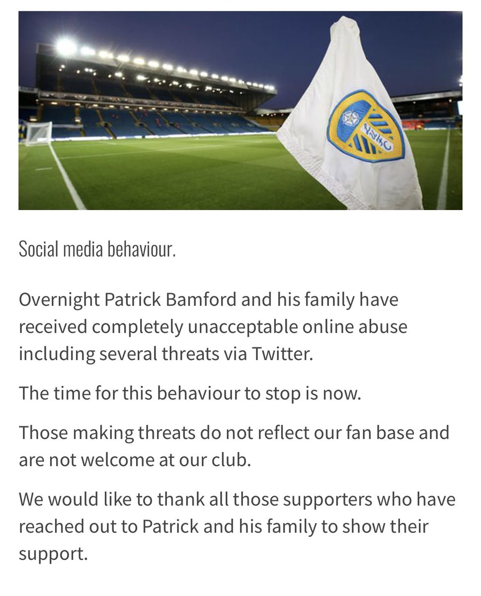 Club statement on the abuse directed towards Bamford and his family👇 #LUFC