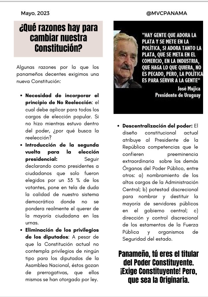 Para las elecciones del 2024, los panameños decentes, exigimos una mejor opción: Quinta papeleta por una nueva Constitución. Ojo, no queremos más reformas. El artículo 314, es una imposición del.poder constituido, no fue la voluntad del pueblo.