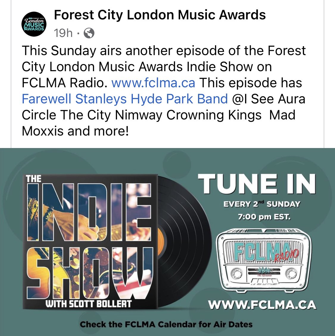 7pm tonight on The Indie Show! Link: fclma.ca 
#fclmaradio #indieshow #forestcitylondonmusicawards