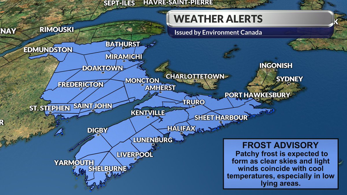 Cover up your plants tonight! The first frost advisories of the season have been issued for Mainland Nova Scotia and New Brunswick. Patchy frost is expected to form early Monday morning.  #NSwx #NBwx <a href="/chronicleherald/">The Chronicle Herald</a> @SaltWireNetwork