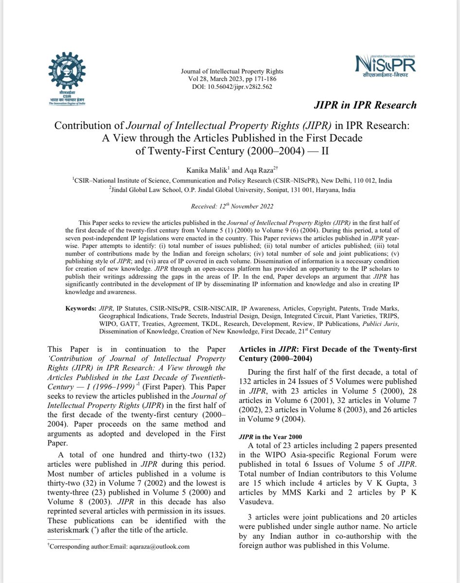 Two articles on the themes ‘IP Laws Declared by the Supreme Court’ and ‘JIPR in IPR Research’:
1)@ahlekhatmal_, Dr. Ghayur Alam and Mohammad Athar Talib, ‘Copyright Law Declared by the Supreme Court of India’ <or.niscpr.res.in/index.php/JIPR…>
2)@DrKanikaMalik1 and @ahlekhatmal_, … (1/2)