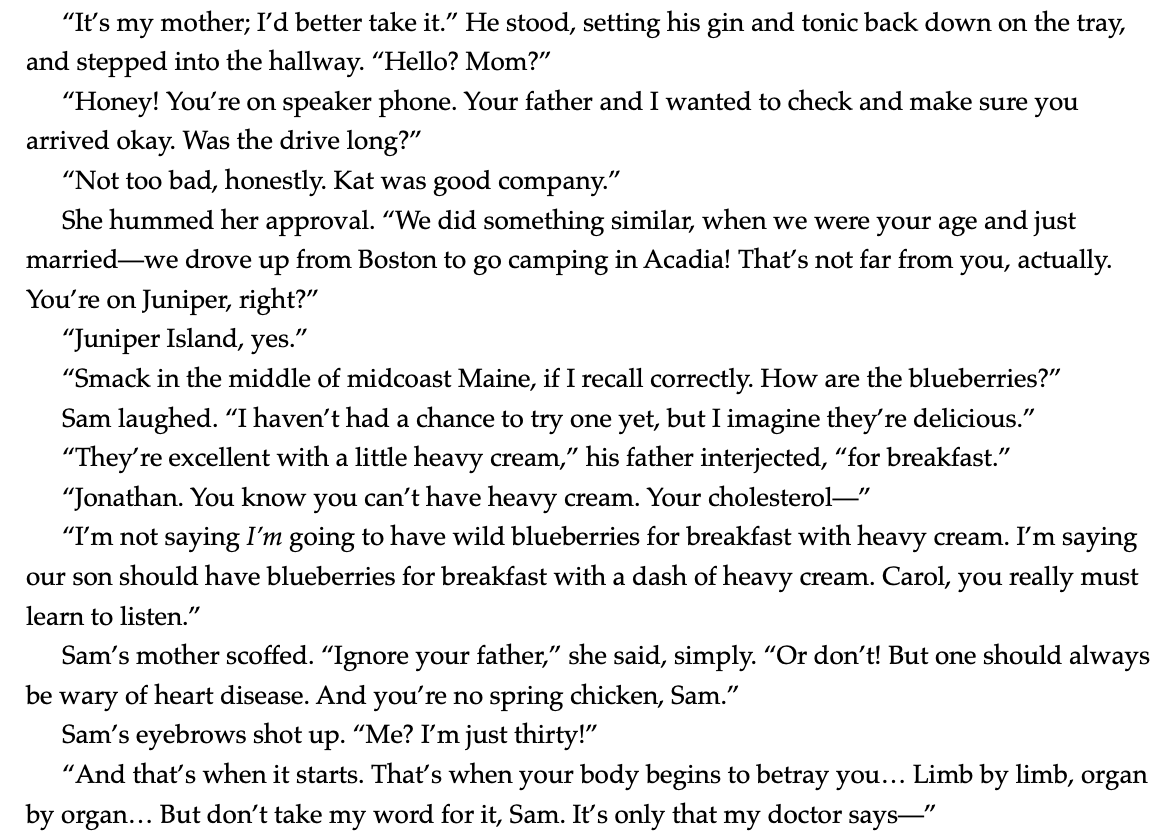 happy mothers day! and, if it's still a thing, #SnippetSunday!

in THE BEST CREW (out 7/14) sam is a dutiful son who picks up the phone when his parents call while his mother is deeply loving and also a bit of a health nut. here she is in all her glory: