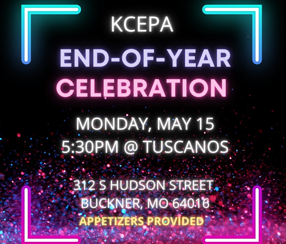 Join us tomorrow after school at 5:30pm!

KCEPA members or those interested in joining KCEPA, we hope to see you TOMORROW (May 15) at Tuscanos for an end-of-year celebration!  We have earned this time to celebrate another school year in the books!   

Come have fun with us!