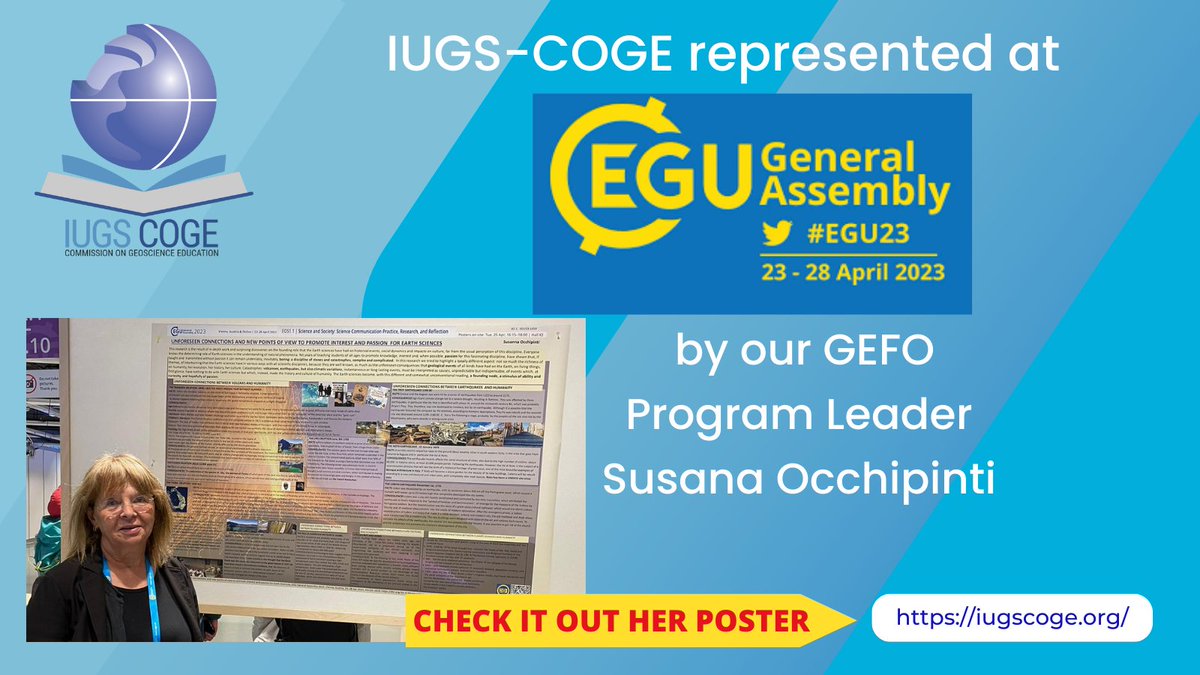 IugsCoge's tweet photo. Our #GEFO Program lead, Susanna Occhipinti, shared the pilot results of "New Point of View to Improve Interest in Earth Sciences" at #EGU2023. She also attended the #GIFT #Workshop 2023. Check out her poster: https://t.co/FGH3XlzV9x #GeoscienceEducation #MakeADifference https://t.co/QjzjcNCPQY