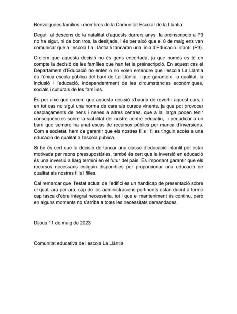 👉 NO AL TANCAMENT D' UN P3 !!!!
Para el curso 2023-2024, cerraran una línea de P3 en el colegio público La <a href="/EscolaLaLlantia/">Escola la Llàntia</a> , SALVEM LA PUBLICA 🏫.... #escolapublica #lallantia #Mataró #maresme #Catalunya #lallantianoestoca