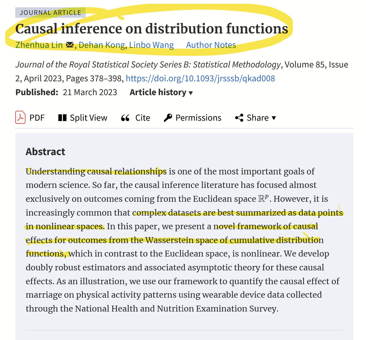 Hi #EconTwitter!

Interested in 𝐜𝐚𝐮𝐬𝐚𝐥 𝐢𝐧𝐟𝐞𝐫𝐞𝐧𝐜𝐞?

Check out this brand new JRSSb #Statistics paper, where the focus is in causal effects on distributions, rather than summary measures such as ATE.

New concept: the average causal effect map!

Cool stuff 😀