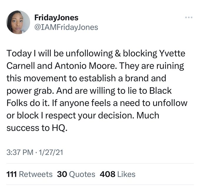 Unironically, she's serious. Yvette Carnell and Antonio Moore have 'yet' to argue, debate, and defend their WORK in a formal Reparations setting. 
Friday Jones and her co-conspirators should be mortally ashamed of themselves. No remorse, just misplaced blame. Disgraceful.
