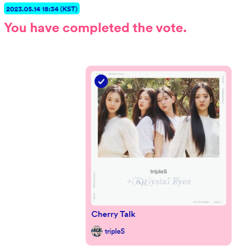 wabivoting's tweet photo. WAV! Have you voted for #CherryTalk today yet? Make sure to keep on voting for #KRystalEyes so that our voices can be heard <3

#tripleS #LetKREPerform #KrystalEyes_Deserves_Respect #크리스탈아이즈_공연하게_하라_무대에서 #KRE존경받을만합니다 https://t.co/COv8g0NnBN