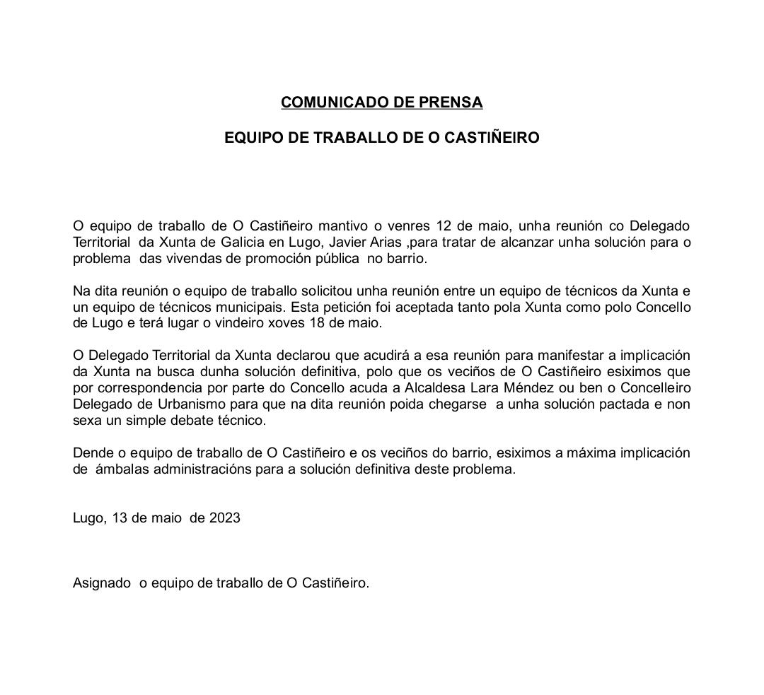 <a href="/elprogreso_Lugo/">El Progreso de Lugo</a> dende o Equipo de Traballo de o Castiñeiro queríamos manifestar o noso malestar por sacar información cando menos sesgada dos comunicados que lles enviamos.
Solicitamos sexa modificada a noticia