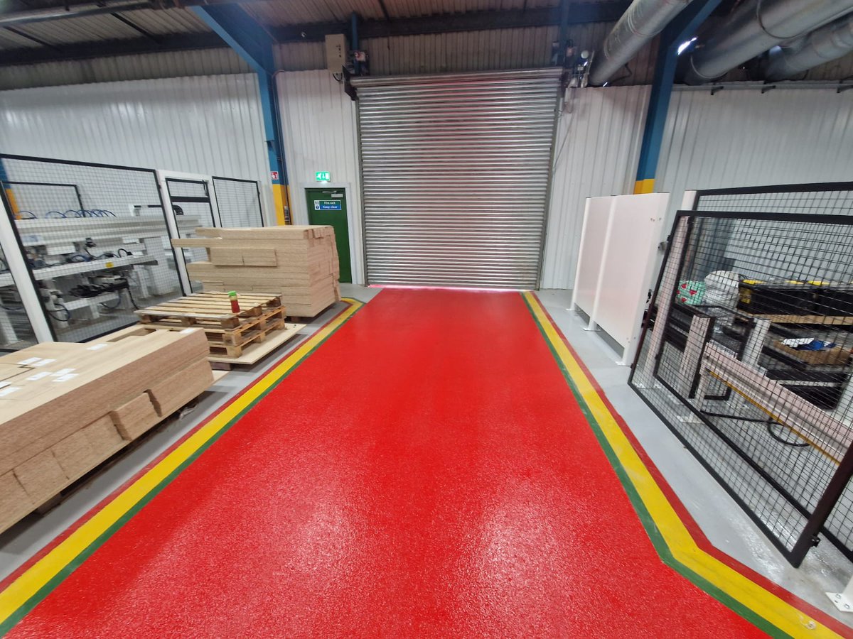 Red safety areas using <a href="/resbuild/">RBP Limited</a> epoxy line marking paint LMP installed by <a href="/Resin_Tom/">Resin_tom</a> and the lads at caravan manufacturing site <a href="/floorpainters/">Floor Painters Ltd</a> #safety #flooring