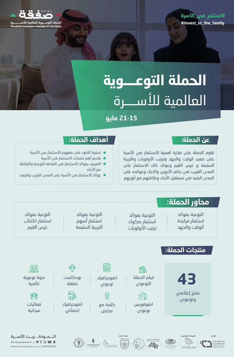 artqa_43's tweet photo. تقوم حملة #استثمر_في_الأسرة على أهمية الاستثمار في الأسرة من خلال عدة محاور تسهم في استقرار الأسرة عبر 43 منتج الإعلامي وتوعي

#صفقة
#اليوم_الدولي_للأسرة https://t.co/YpK3K5BJqC
