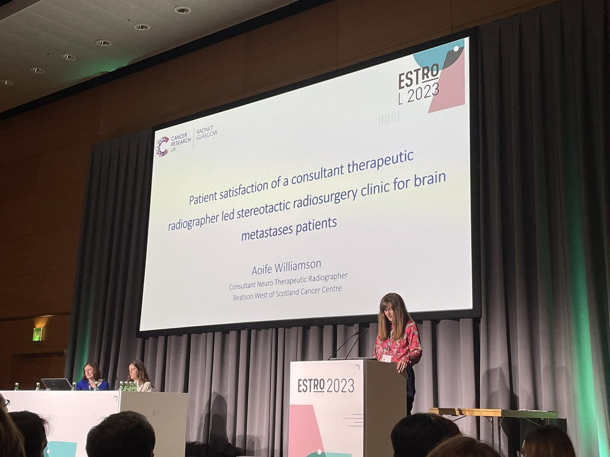 Excellent presentation by <a href="/WilliamsonAoife/">Aoife Williamson</a> on ‘Patient satisfaction of Consultant Radiographer led SRS clinic’ Important work following on from this mornings session. Thanks to <a href="/Beatson_Charity/">Beatson Cancer Charity</a> for supporting presentation of this work. #ESTRO23 @ProfAJChalmers <a href="/RadNetCRUKGla/">RadNetCRUKGlasgow</a>