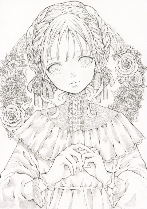 私の絵は線画の状態だけでも美しくなるように描いてる。
アナログで綺麗に美しく線をひく事がとってもとっても楽しい。 