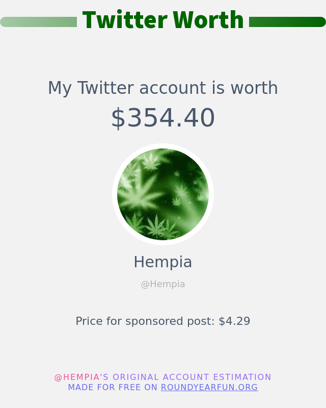 Hempia's tweet photo. My Twitter worth is: $354.40

➡️ https://t.co/fFv4DeN7e9 https://t.co/BUwHNJbX9L