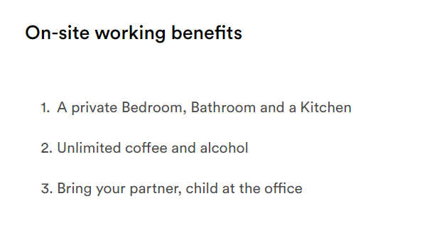 yashmk0's tweet photo. Employees are not ready to work from the office

Employers are concerned

We're changing the game by offering new on-site benefits

- including unlimited alcohol
- a private bedroom, bathroom, and kitchen at the office
- And the ability to bring your partner and child

What more do you need?