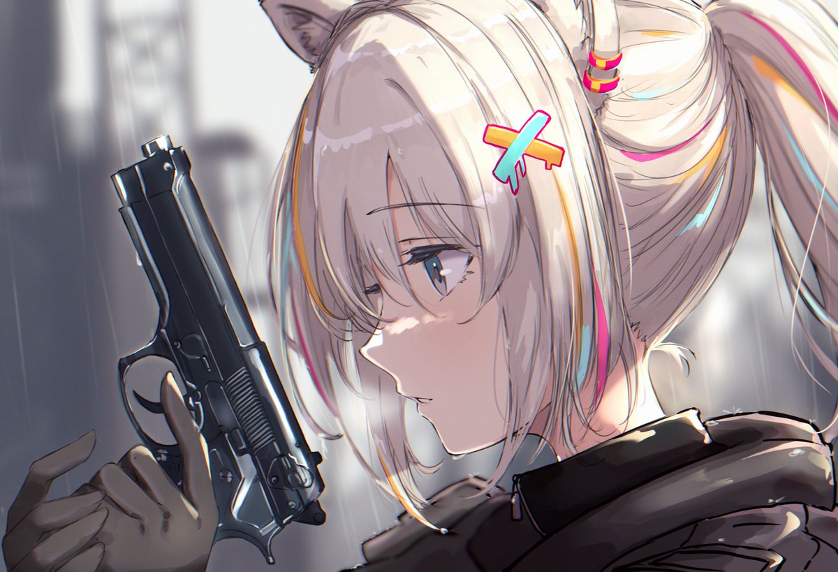 1girl weapon gun animal ears solo holding handgun  illustration images