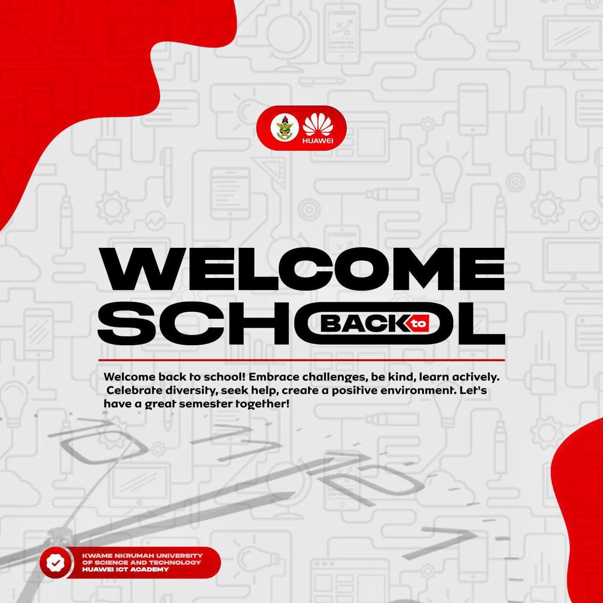 huaweiictknust's tweet photo. Huawei KNUST Academy welcomes you back to a new semester.

Believe!!! You can achieve anything you put your mind to.

Fresh semester, fresh start!!! Let's go 💪💪💪

@jayluxferro @thecssknust @_gesa_knust 

#ICT
#Skills
 #Huawei https://t.co/Q1g95przvF