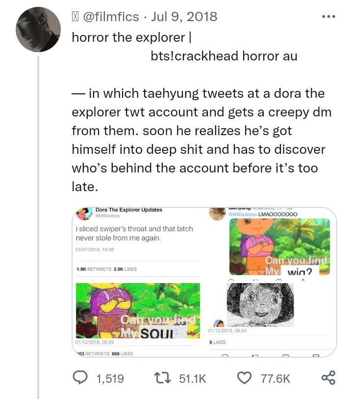 giawjeon's tweet photo. back in my days we had bts x dora horror au https://t.co/2GumqM8iyJ