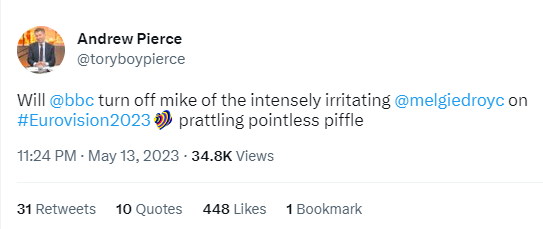 Intensely irritating attention-seeking miserable bastard, @toryboypierce, who every day pollutes people's eyes & ears with his prattling pointless piffle, projects his inadequacies & insecurities onto the wonderful, hilarious, & articulate @melgiedroyc.
#Eurovision2023
