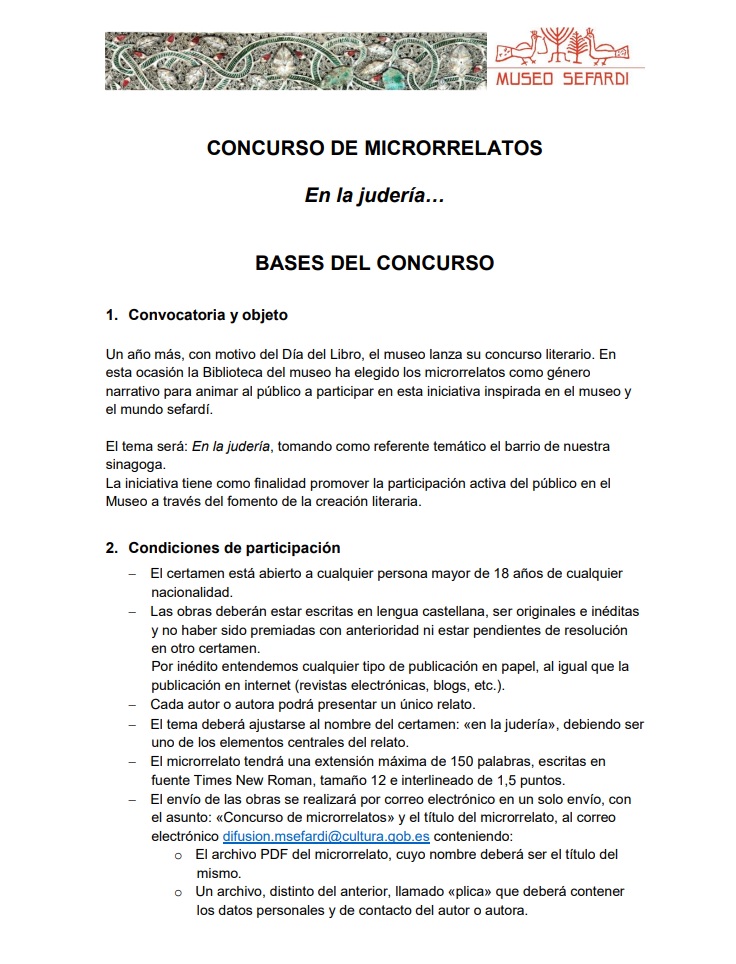 MuseoSefardi's tweet photo. Concurso de MICRORRELATOS📝

🗓️Plazo límite de solicitudes - 23 de MAYO
🕎Temática - "En la judería"

@redjuderias @biblioclm https://t.co/5wiyyksDpN