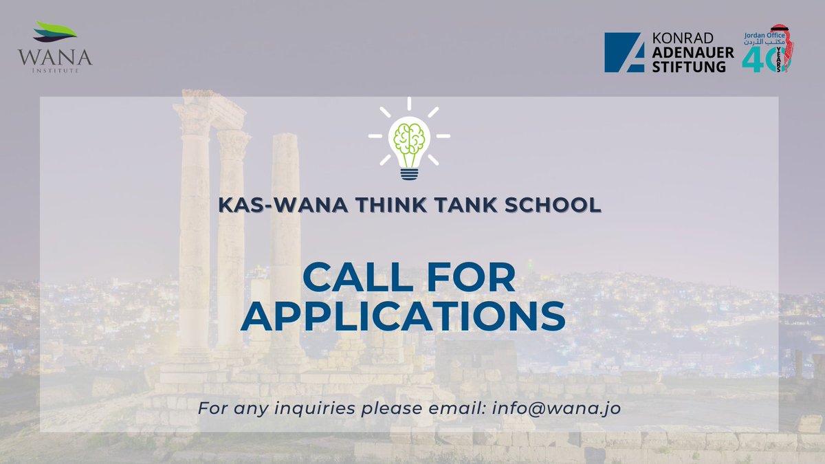 #WANA in collaboration with <a href="/KASonline/">Adenauer-Stiftung</a> in #Jordan are launching a call for applications for the "KAS-WANA Think Tank School".

To learn more, click on the link below. Deadline for receiving applications is 27 May 2023. wanainstitute.org/en/project/kas…

#Policy #Civil_Society