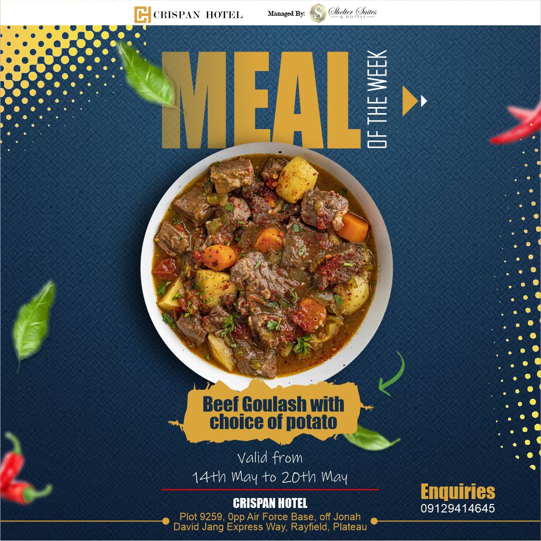 Crispan_Hotel's tweet photo. Our meal for this week is Beef Goulash with choice of potato
Valid from 14th - 20th May,2023
Send us a DM for reservations.
#meal #mealoftheday #mealoftheweek #foodie #foodporn https://t.co/fWhNG8gAWA