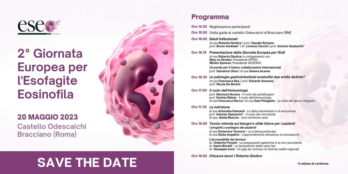 EUREOS_EoE's tweet photo. Congress of Italian patients with #EosinophilicEsophagitis on May 20th in Bracciano: An ESEO https://t.co/Ww9sl0yfvc initiative at the European EoE Day 2023 #IluminaTUCOMIDA @EAACI_HQ @CharityEos @aedeseo @sanofi @DrFalkUK @my_ueg @DrFalkSpain @aegastro @saludigestivo @seghnp https://t.co/eirFlnhy1p