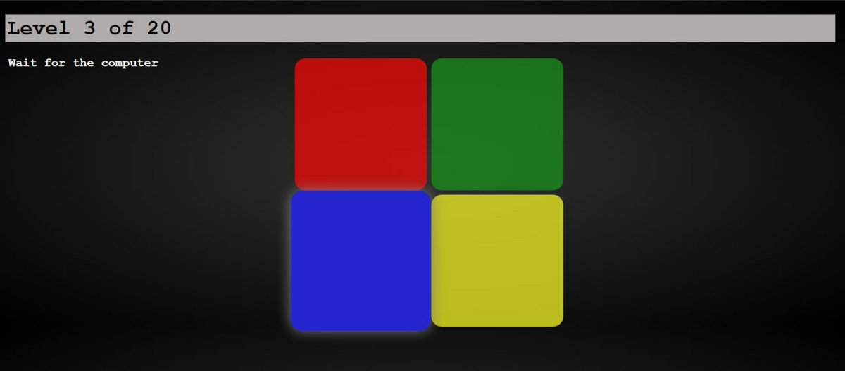 Bahar_H1's tweet photo. Another #challenge of #JavaScript, was this Simon #game using #HTML, #CSS, and #JS, it's responsive and has sound effects. 
🟥 🟩
🟦 🟨
With the teaching of @E_Ehrari.
@CodeToInspire @f_forough
#AfghanGirlsCode #Full_Stack #100DaysOfCode #web #coding https://t.co/NakIol7qb8