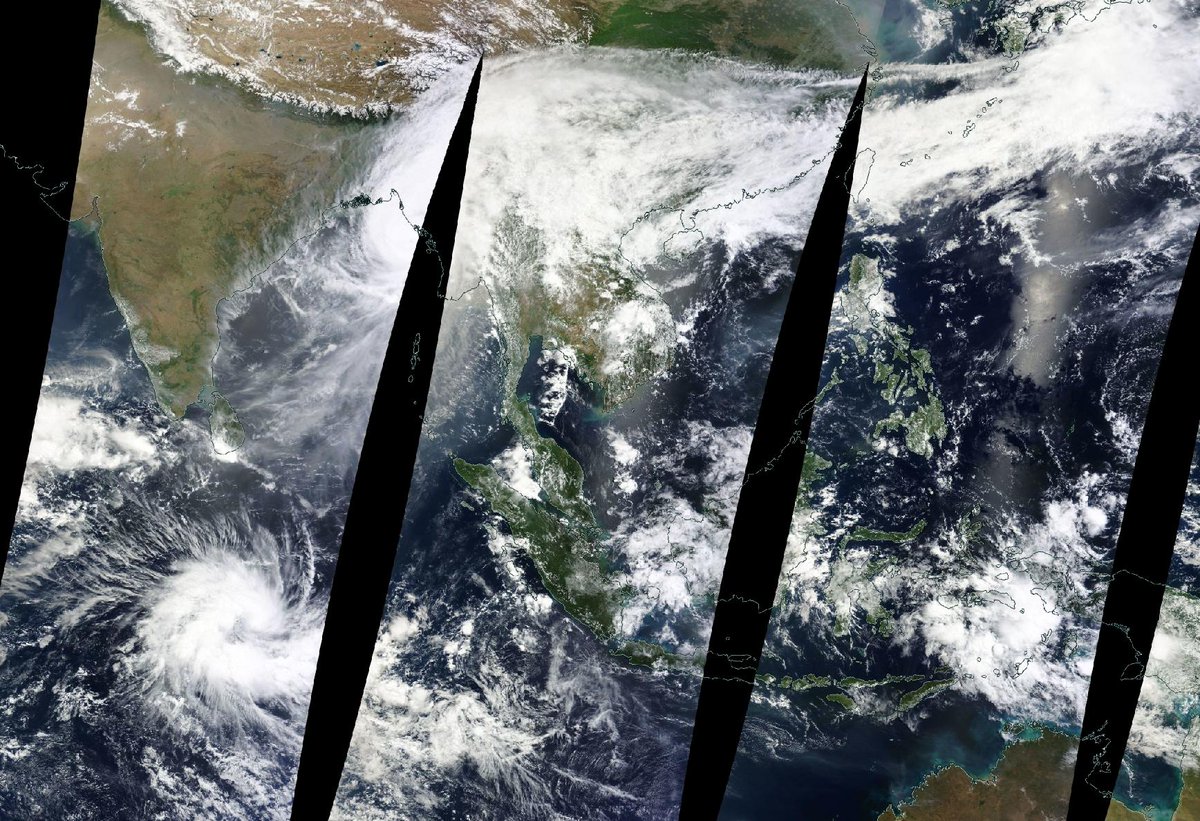 1. Cyclone Mocha is now making landfall over Myanmar.  

2. At 278 km/hr, Mocha is the strongest cyclone to form in the north Indian Ocean (JTWC, satellite data).

3. Satellite image shows Cyclone Fabien in the south.

4. No sufficient satellite coverage to monitor these storms.