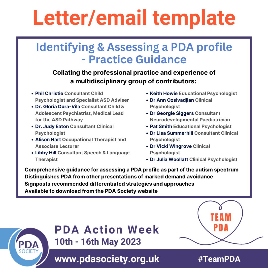 PDASociety's tweet photo. Welcome to day 5 of #PDAActionWeek! Today we’re sharing a letter/email template which can be used to inform professionals about practice guidance for identifying and assessing a PDA profile: https://t.co/KHvHXi3ilc

#TeamPDA #PDA https://t.co/DqH4vRHn0T