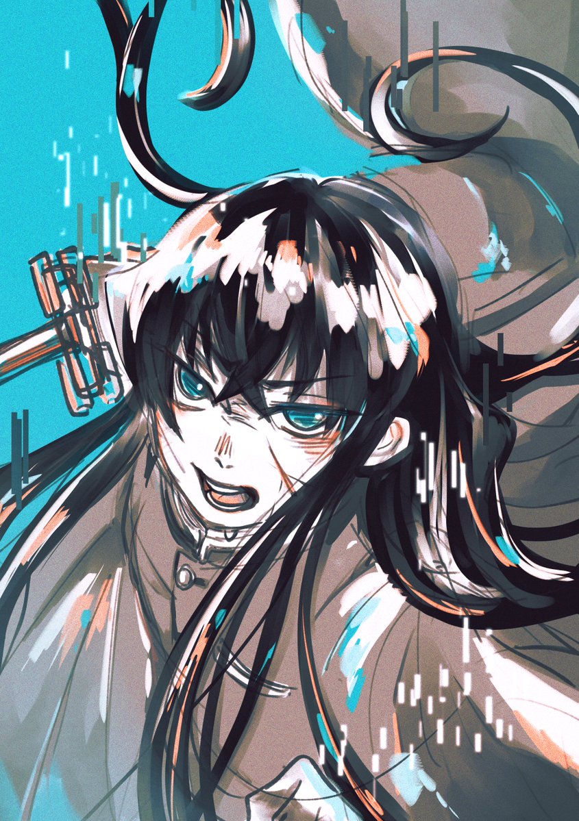 1boy solo male focus demon slayer uniform long hair black hair open mouth  illustration images