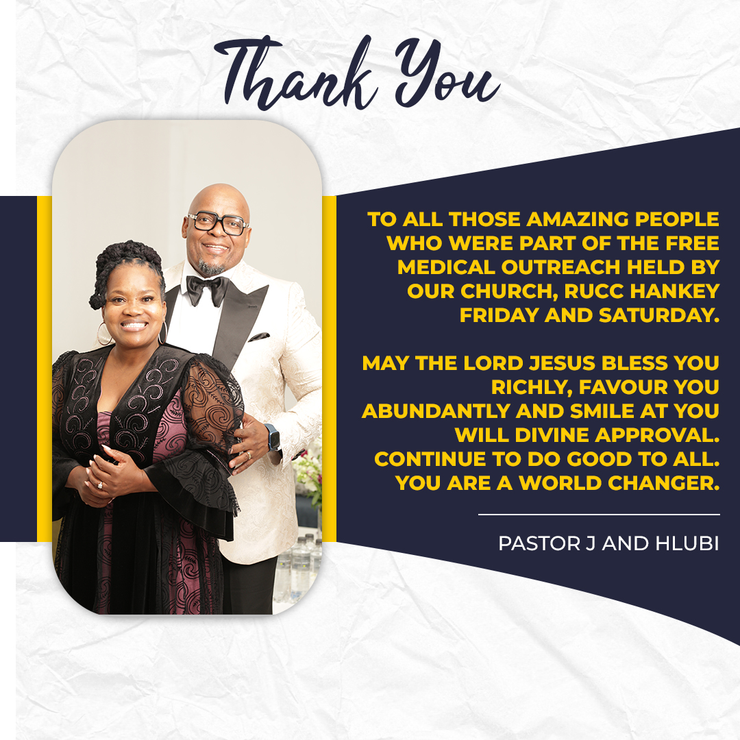 Here's a heartfelt message from our pastors,  @JadezweniJ  & Pastor Hlubi Jadezweni.

#MedicalOutreach #RUCCMinistriesGqeberha #Appreciation #GratefulCommunity #HealthPartnership #RUCCHankey