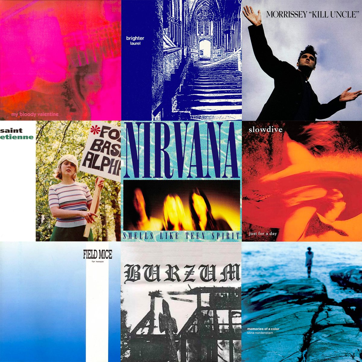 starletmusic's tweet photo. Albums from the year I turned 18 <3 #morrissey #mybloodyvalentine #brighter #saintetienne #nirvana #slowdive #fieldmice #burzum #stinanordenstam https://t.co/aooZ41myYK