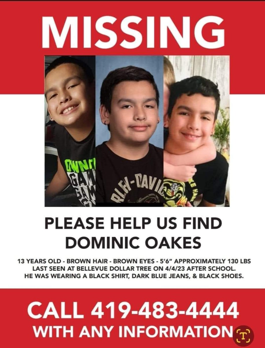 Dertain's tweet image. Please help us find Dominic Oakes. He has been missing for over a month from Bellevue Ohio. He could be anywhere by now. Please share this poster.