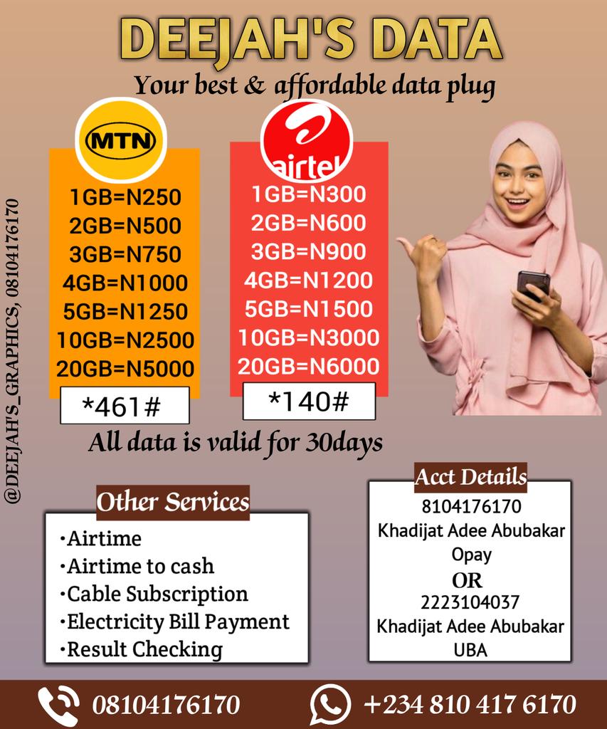 Khadijah_bukar's tweet photo. Get your best an available datat from Deejah's data
Call/WhatsApp: 08104176170
N.B payment validates order thank you https://t.co/YDhKZQYSXa