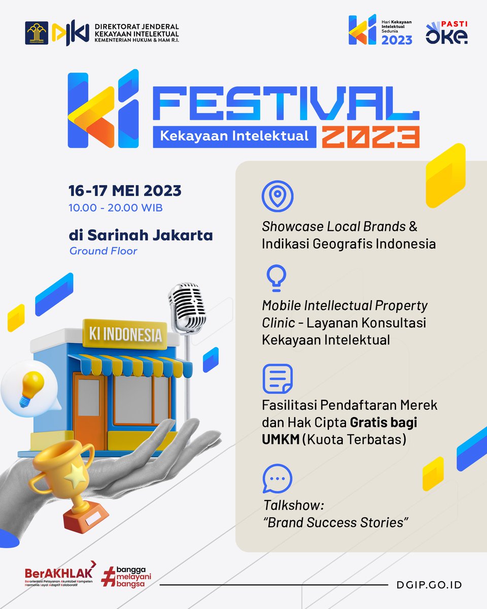 djki_kemenkum's tweet photo. Sudah H-3 menuju KI Festival nih #TemanKI! Akan ada banyak keseruan, lho! Mulai dari pameran brand lokal hingga terdapat fasilitasi pendaftaran Merek atau Pencatatan Hak Cipta GRATIS untuk UMKM.
Yuk, simak informasi selengkapnya berikut!
#IPDay2023
#KIFestival https://t.co/usMeRiSnvs