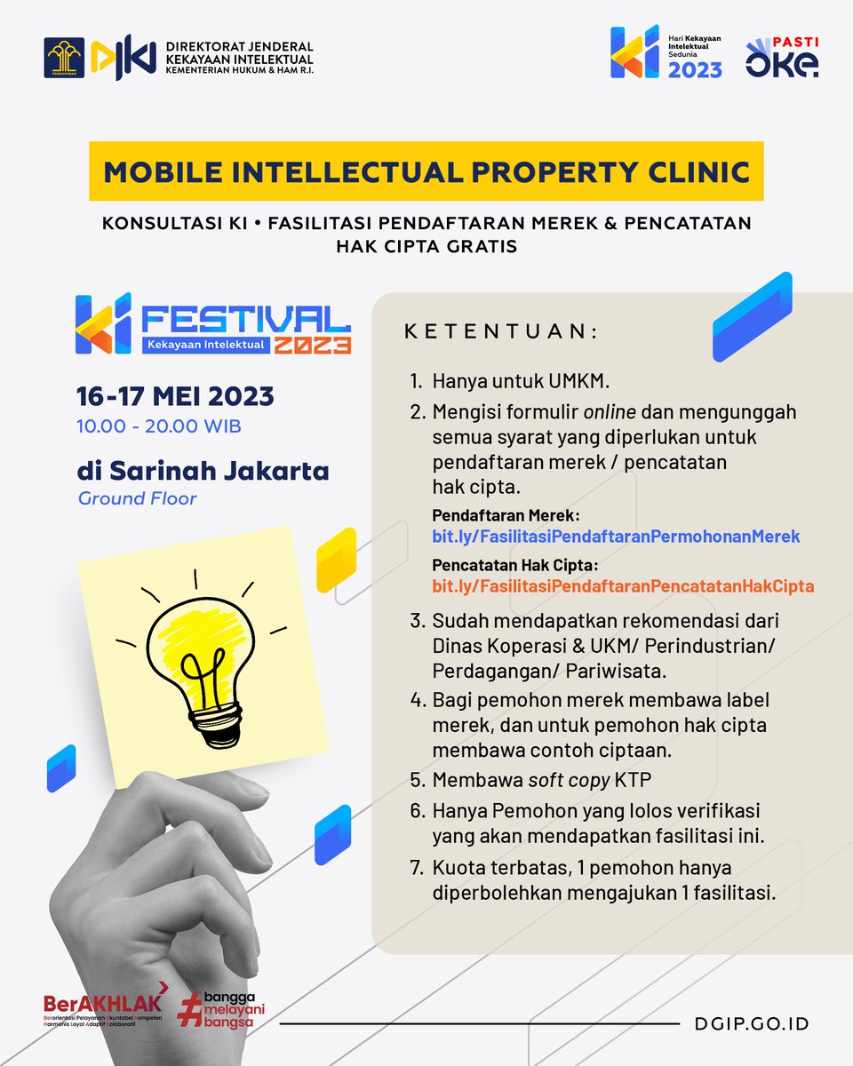djki_kemenkum's tweet photo. Sudah H-3 menuju KI Festival nih #TemanKI! Akan ada banyak keseruan, lho! Mulai dari pameran brand lokal hingga terdapat fasilitasi pendaftaran Merek atau Pencatatan Hak Cipta GRATIS untuk UMKM.
Yuk, simak informasi selengkapnya berikut!
#IPDay2023
#KIFestival https://t.co/usMeRiSnvs