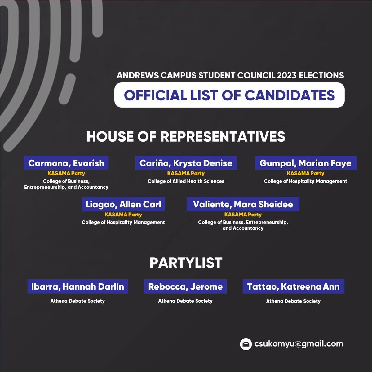 csukomyu's tweet photo. LOOK | The official list of candidates for Andrews Campus Student Council 2023 Elections
https://t.co/p4NYq8hiNm
-
Layout by Hanes Wayne Guillermo and Mae Cielo Maribbay
#PulsoCSU #AndrewsVote2023
#YourReliableSource https://t.co/XdNGaczuW9