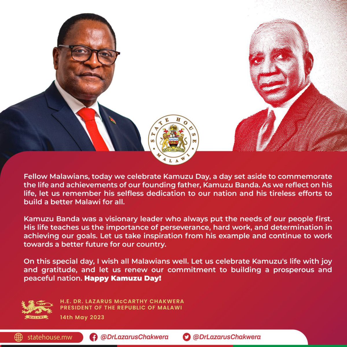 LAZARUSCHAKWERA's tweet photo. Happy Kamuzu Day! https://t.co/j8z6oD09s3