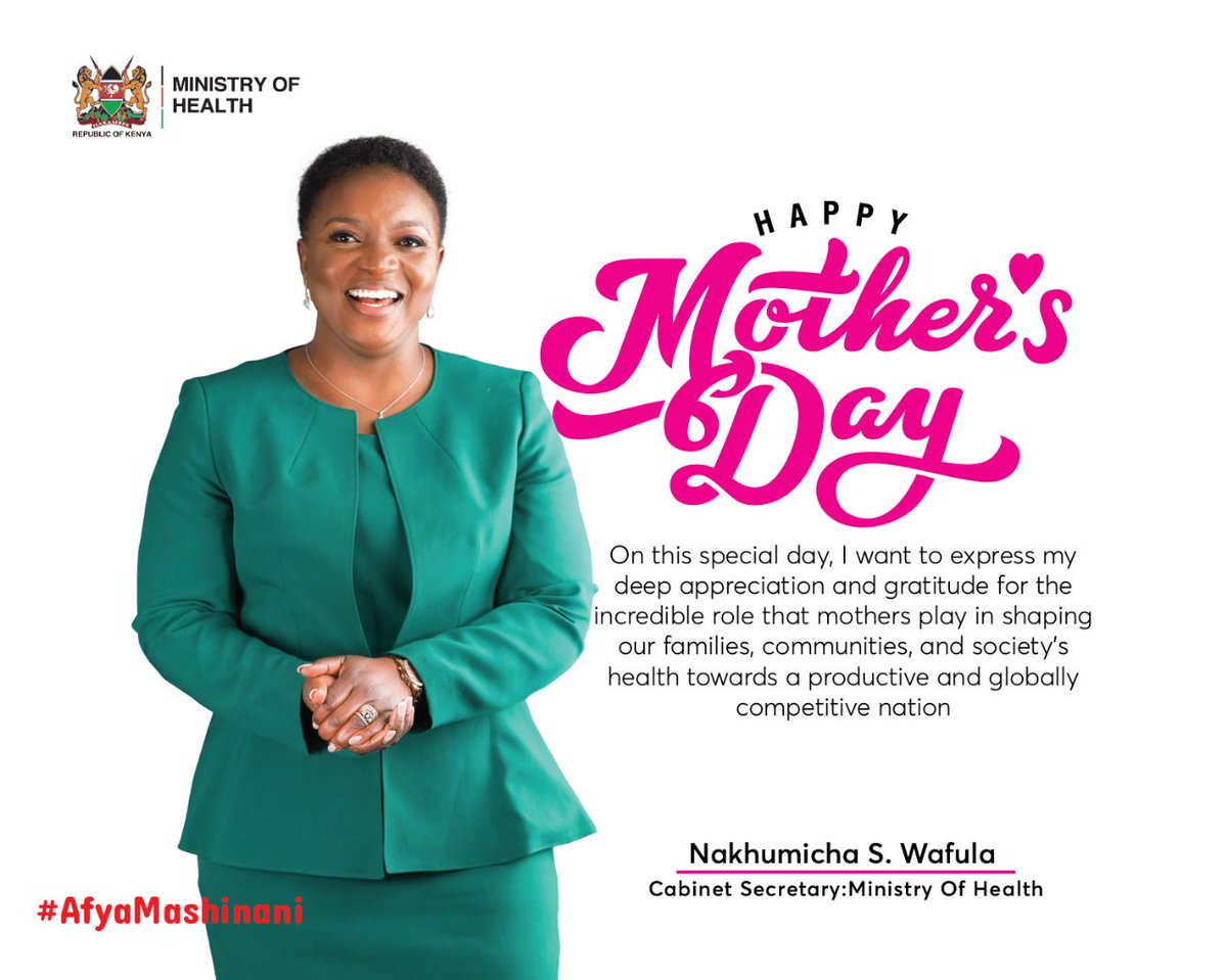 Nakhumicha_S's tweet photo. Motherhood is a special gift. It is a gift imbued with responsibility and a constant desire for the wellness of our children, families and society. On this #MothersDay, I wish my fellow mothers God’s choicest blessings. 

Mimi ni Mama, and I remain committed to delivering #AfyaMashinani for our mothers and their families in all parts of our nation.