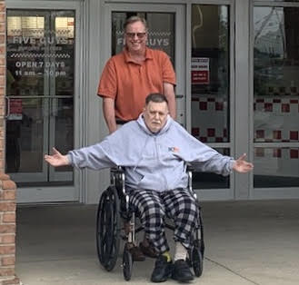 Kentymca's tweet photo. Bustin' Loose!  Enjoyed a great visit today with brother-in-law Dave.  He checked out of his skilled care facility for the first time in many months.  His first request?  A stop at Five Guys for a burger and fries! https://t.co/olR3ecVw3I