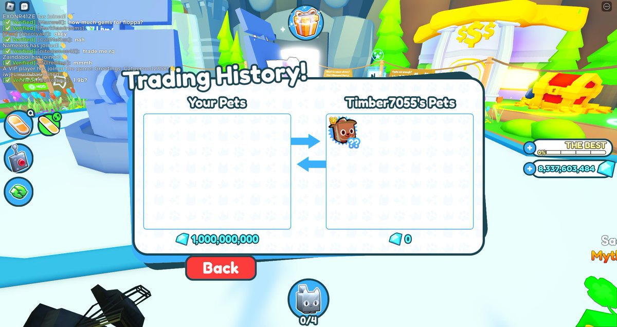 MintYea1's tweet photo. @BuildIntoGames I just scammed my self LMAOO, He was selling pets for 1 gem and was standing where the 1b was 🤣🥲 https://t.co/e855E5VeVq