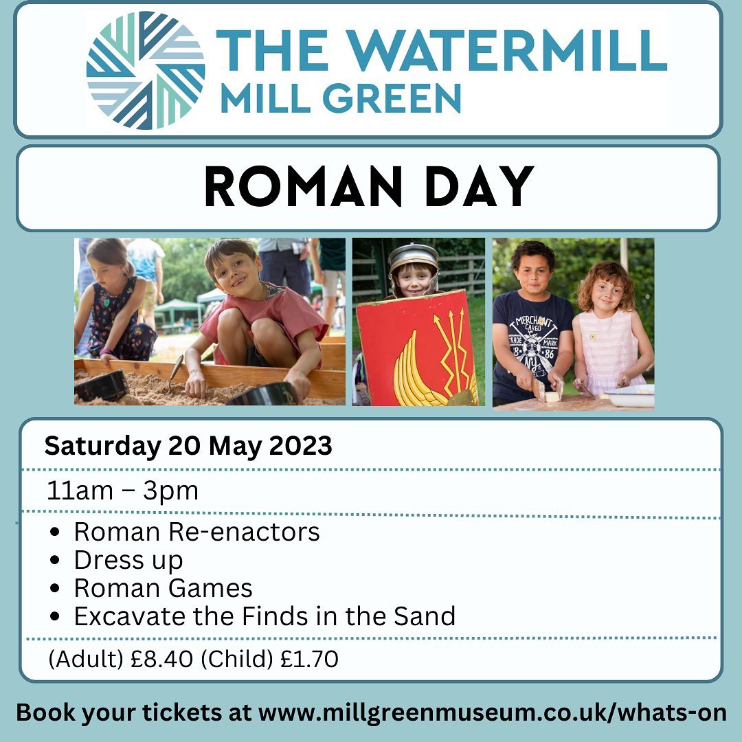 Step into Roman Britain 🏛️ Meet Roman re-enactors and learn about Roman life and crafts.

Try on clothes, play games and make pots! 🏺 Explore the site’s history and find treasures in the sand! 📜 

 🗓️ Saturday 20 May 
⏰ 11am - 3pm 
🏫 Mill Green Museum