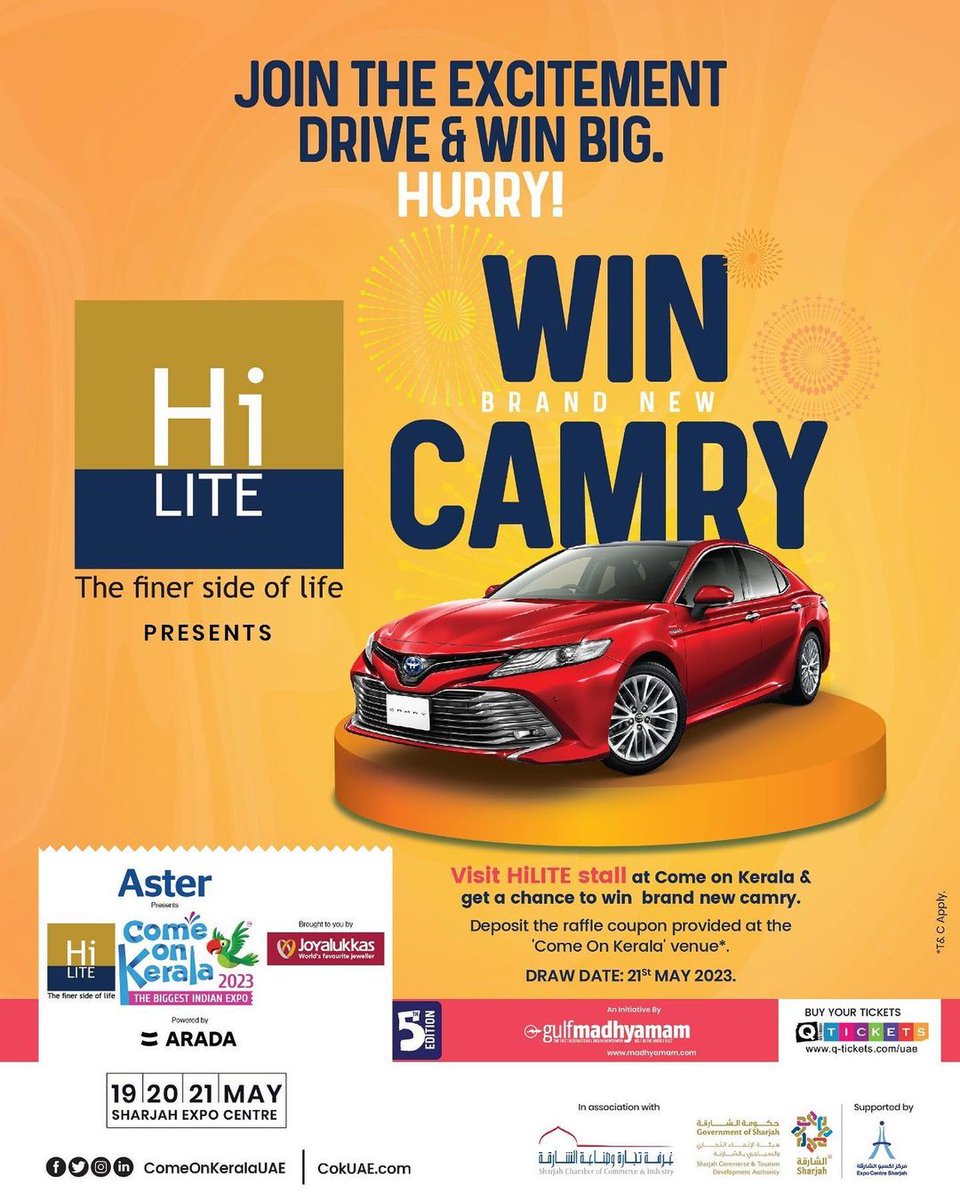 Book tickets to the THE BIGGEST EVENT IN UAE - Come On Kerala and get a chance to drive home a *BRAND NEW TOYOTA CAMRY*

Book your tickets at: q-tickets.com

#ComeOnkerala #ToyotaCamry #WinACar #LuckyDraw #Gulfmadhyamam #Instagram #Insta #Foryoupage #QTickets