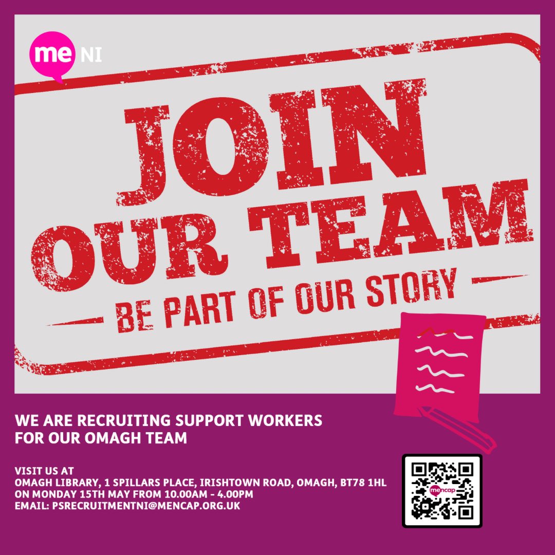 Mencap_NI's tweet photo. Just a #reminder that we still have our Recruitment Day in Omagh happening Monday 15th May at 10:00am - 4:00pm.

We are currently recruiting Support Workers for our Omagh Team.

Don’t forget to bring your Photographic ID with you to be interviewed on the Day! https://t.co/DeoVuTnQ7Z