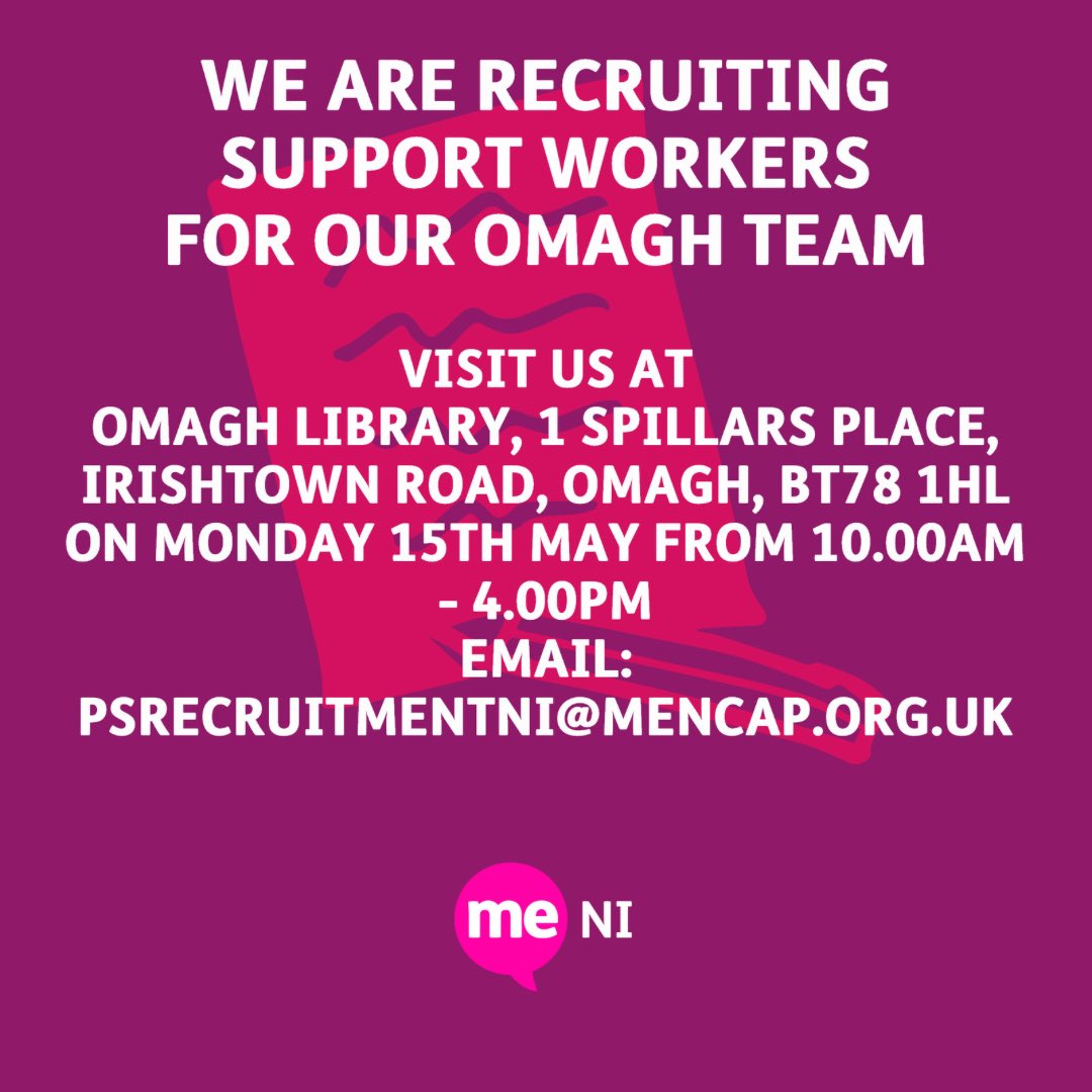 Mencap_NI's tweet photo. Just a #reminder that we still have our Recruitment Day in Omagh happening Monday 15th May at 10:00am - 4:00pm.

We are currently recruiting Support Workers for our Omagh Team.

Don’t forget to bring your Photographic ID with you to be interviewed on the Day! https://t.co/DeoVuTnQ7Z