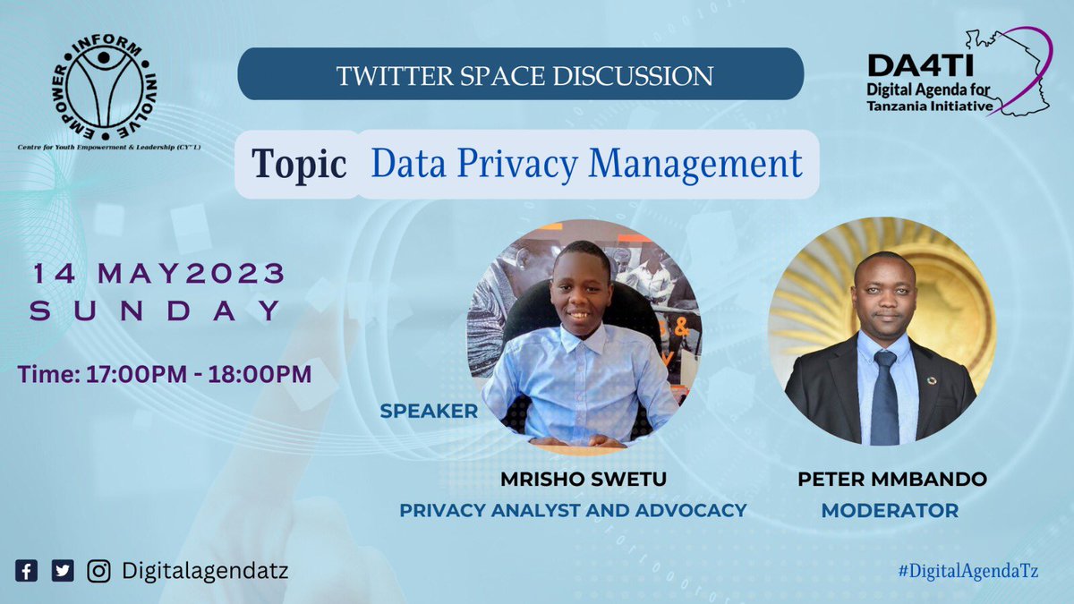 DigitalAgendaTz's tweet photo. Join us soon: at #TWSpace :
Will discuss: Data Privacy Management: 

https://t.co/3PYq0S3MjF https://t.co/Ttl7aA0UsX