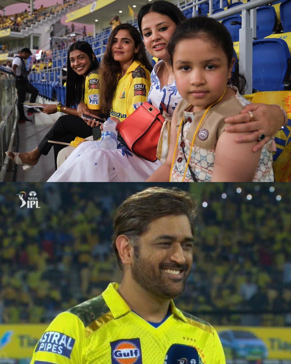 TheDhoniEra's tweet photo. Lucky charms Sakshi &amp; Ziva at chepauk 😍💛

@MSDhoni #IPL2O23 #CSKvsKKR https://t.co/K3JYGSaNVt
