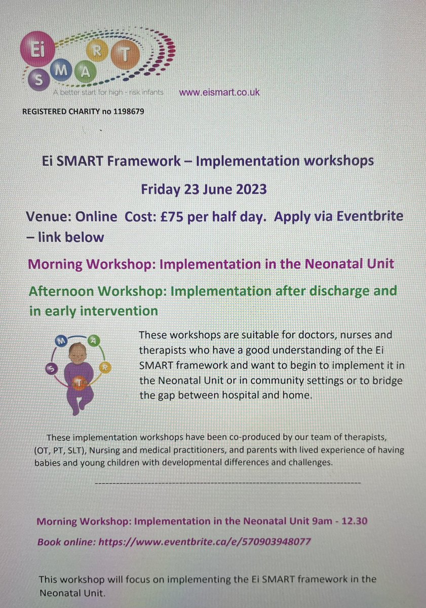 After the wonderful feedback from our study day (see May’s newsletter) we are delighted to launch our EiSMART implementation workshops for those who work in a neonatal unit or in an early intervention setting in the community.   <a href="/NorNetUK/">NNN</a> <a href="/PeepsHie/">@peeps-HIE</a> <a href="/CP_Cymru/">Cerebral Palsy Cymru</a> <a href="/LeosNeonatal/">Leo’s</a>